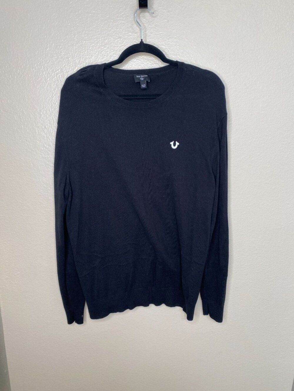 True Religion Mens Black Sweater XL Cotton Blend Casual Crewneck Long Sleeve